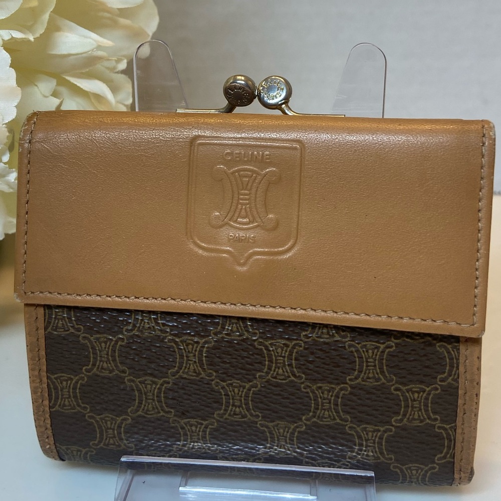 Vintage Celine Macadam Coated Canvas Leather Triomphe Kiss Lock Wallet